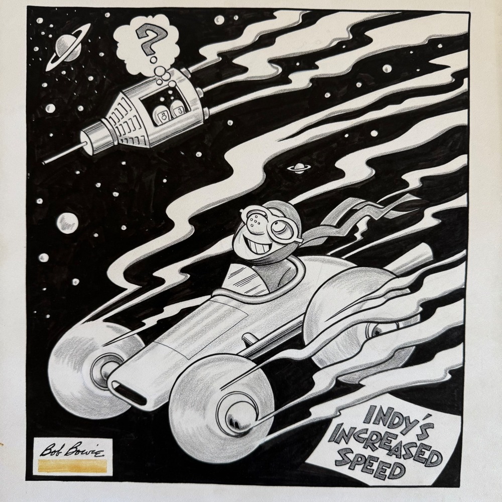 Bob Bowie Original Indy 500 Space Race Cartoon Art Signed Vintage